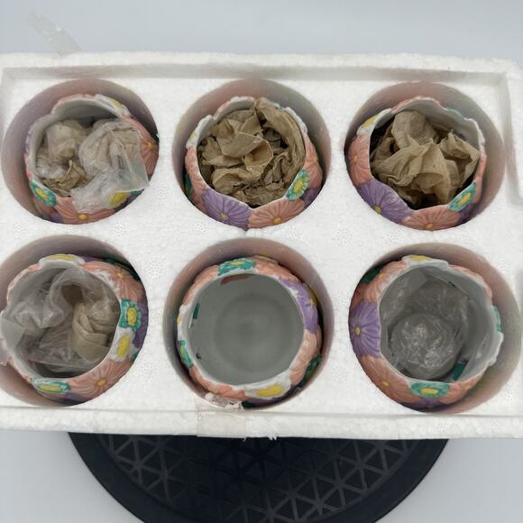 Spring Porcelain Tea Light Votive Candle Holders Set Of 6 Floral Purple Orange - Picture 2 of 3